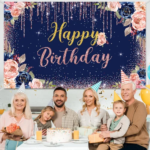 Vista 4 de Decoraciones de fondo de feliz cumpleaños para mujeres, suministros de fiesta, telón de fondo de rosa, fotografía para niñas y niños, pancarta