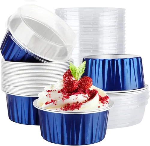 Vista 19 de EUSOAR Moldes desechables de papel de aluminio con tapas, 30 piezas de 5 onzas (4.2 fl oz) de papel de aluminio para magdalenas, tazas para hornear