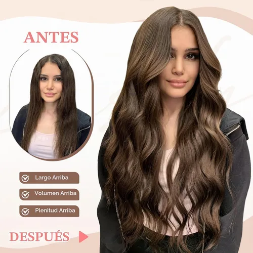 Vista 2 de Fliace Extensiones de cabello con clip para mujer, extensiones de cabello ondulado largo de color marrón medio, extensiones de cabello sintético