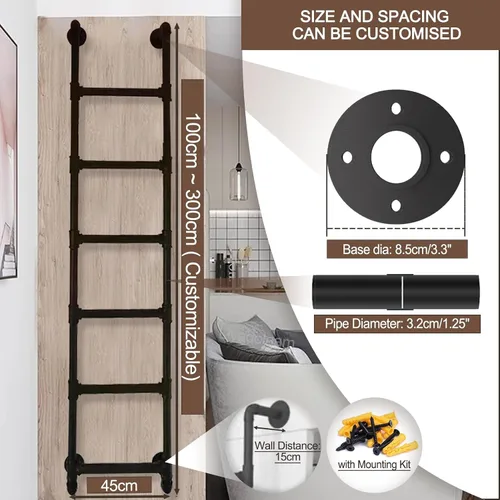 Vista 2 de Metal Twin Bed Bunk Ladder for Loft Dorm, Wall Mounted Home Attic High Bed Step Ladders Climbing Ladder 49"/51"/55"/65", Black Wrought Iron Window