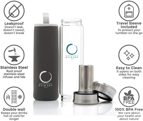 Vista 5 de Pure Zen Tea Botella de té de doble tapa de vidrio - Termo de té de acero inoxidable