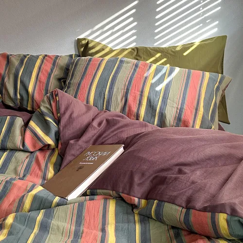 Vista 7 de mixinni Juego de funda de edredón vintage a rayas, tamaño twin, juego de ropa de cama de 3 piezas, 100% algodón lavado, suave y transpirable, funda
