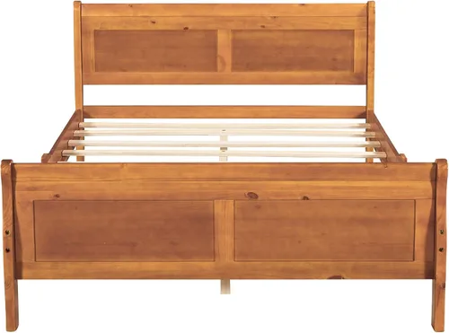 Vista 4 de SOFTSEA Base de cama matrimonial de madera maciza con cabecero y estribo, marco de plataforma de cama de madera maciza con soporte de listones