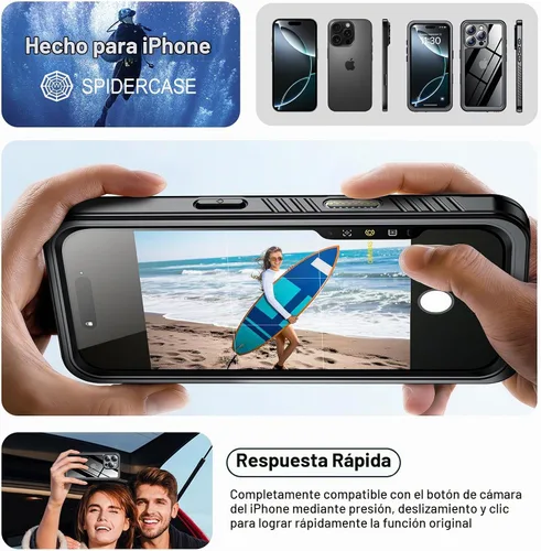 Vista 7 de SPIDERCASE Funda impermeable para iPhone 16 Pro, color negro y transparente Negro / transparente