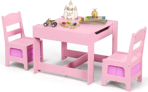 Vista 19 de Costzon - Juego de mesa y sillas para niños, escritorio de actividades multifuncional de madera para niños pequeños con mesa reversible, cajones
