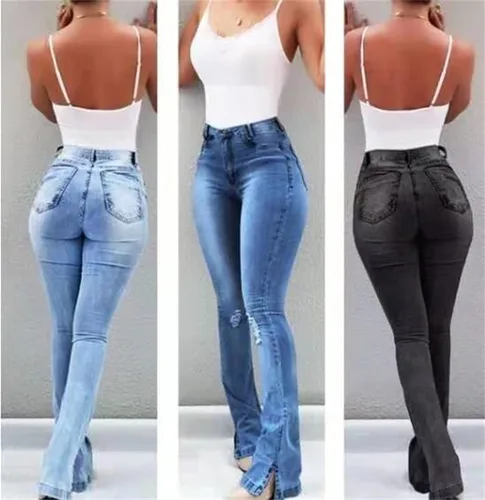 Vista 3 de Andongnywell - Pantalones de mezclilla rasgados con parte inferior acampanada para mujer, pantalones de mezclilla desgastados con corte de bota