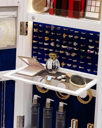 Vista 6 de Dystler Armario de joyería con espejo con almacenamiento Armario de joyería con espejo de longitud completa 360 giratorio y luces LED Organizador