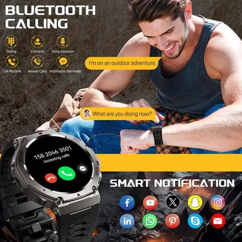Vista 6 de Reloj inteligente militar para hombre, reloj inteligente con GPS integrado, 5 ATM, impermeable, 1.43 pulgadas, AMOLED, resistente, rastreador