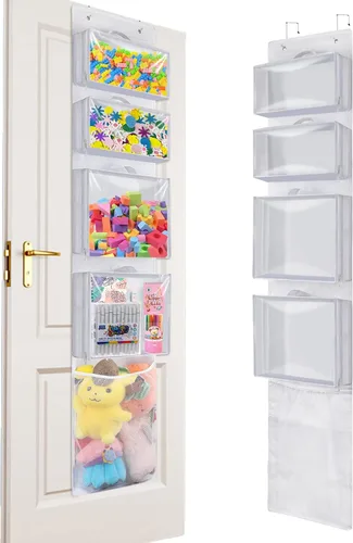 Vista 10 de Woodoulogy Almacenamiento de juguetes colgantes sobre la puerta, organizador de animales de peluche en bloques con 4 bolsas de estuche extraíbles