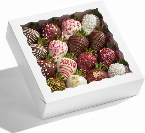 Vista 10 de RomanticBaking 14 cajas de panadería de 9 x 9 x 2.5 pulgadas con ventana para pastel, corazón quebradizo, fresas cubiertas de chocolate, galletas