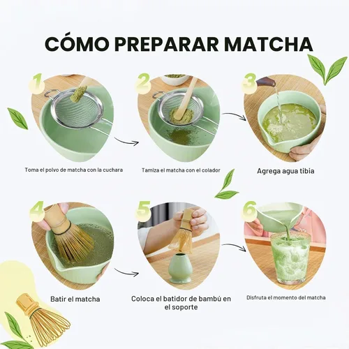 Vista 6 de Juego de té matcha tradicional, juego completo de 8 piezas con cuenco de cerámica Chawan con boquilla, batidor de bambú y soporte, cuchara, tamiz