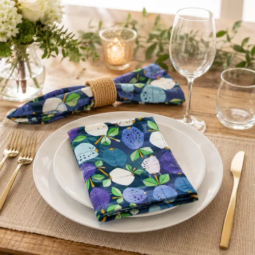 Vista 5 de Under Apple Tree - Tela de lona azul profundo – Diseños de patrones Loes Van Oosten – Colección de material de algodón ligero – Tela perfecta