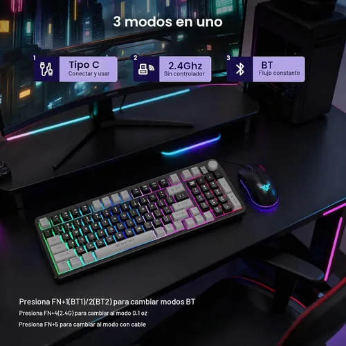 Vista 2 de NPET Teclado y ratón inalámbricos gaming con tri-modo, teclado RGB de 98 teclas con perilla y ratón gaming, 12 teclas multimedia para Windows, PC