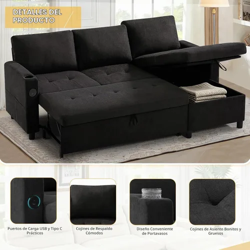 Vista 4 de Sofá cama extraíble de tela de 84 pulgadas con respaldos ajustables, color negro