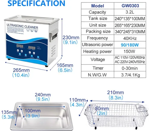 Vista 2 de Limpiador ultrasónico profesional de joyas de acero inoxidable 3.2L con temporizador digital y calentador, perfecto para dentaduras, carburadores