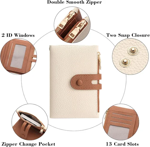 Vista 4 de FALAN MULE Cartera pequeña de cuero para mujer, con bloqueo RFID, tarjetero plegable con bolsillos dobles con cremallera, Blanco y marrón, Compacto