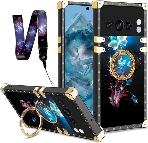 Vista 69 de nancheng Funda para Google Pixel 6 de lujo, diseño de abeja, corazón y abeja, chapado en oro, con anillo de diamante de 360°, correa de cordón