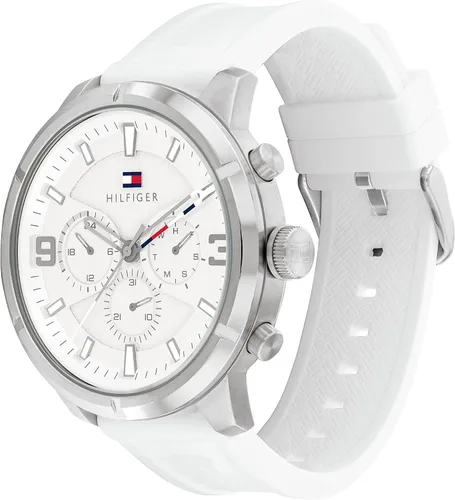 Vista 2 de Tommy Hilfiger Reloj multifunción de acero inoxidable y correa de silicona para hombre, color blanco (modelo 1792072), Blanco