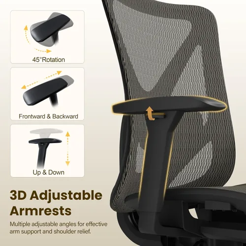 Vista 6 de Silla de oficina ergonómica, sillas de escritorio de malla para computadora con certificación BIFMA X5.1, soporte lumbar ajustable, brazo 3D
