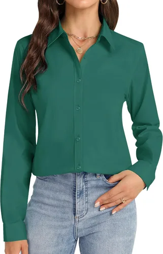 Vista 15 de Camisas con botones J.VER para mujer con cuello elástico y manga larga de algodón, camisa de vestir casual de negocios para el trabajo