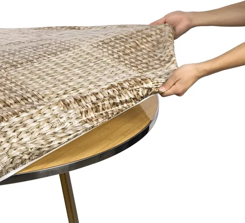 Vista 5 de Mantel redondo de vinilo de plástico ajustable con parte trasera de franela y borde elástico, protector de mesa impermeable para mesa de comedor