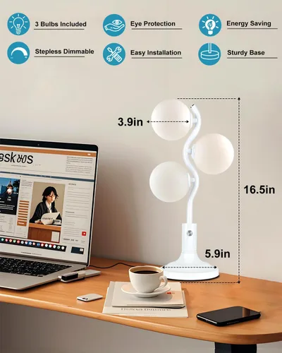 Vista 2 de Lightdot Lámpara de Mesa Globo de Mediados de Siglo Regulable Moderna de 3 Luces Blanca Lámpara de Escritorio 3000K Blanco Cálido Lámpara de Mesita