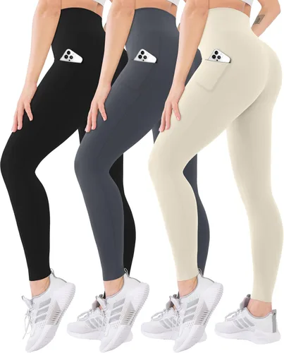 Vista 45 de Blisset - Paquete de 3 leggings de cintura alta para mujer con bolsillos, pantalones suaves y activos para control de abdomen, ideales para yoga