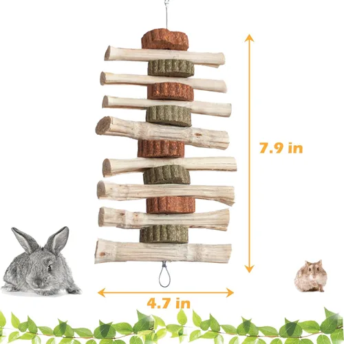 Vista 3 de 4 juguetes masticables de conejo para rechinar dientes, deliciosos juguetes masticables colgantes en jaula de conejo, palitos masticables de bambú