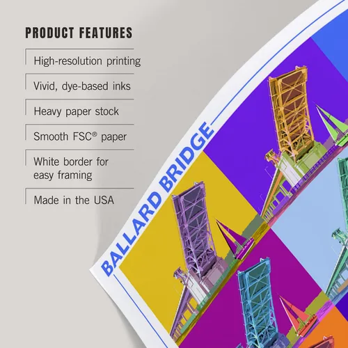 Vista 3 de Lantern Press Ballard Bridge, Seattle, WA, Pop Art, 8x12 Inch Art Print Wall Decor