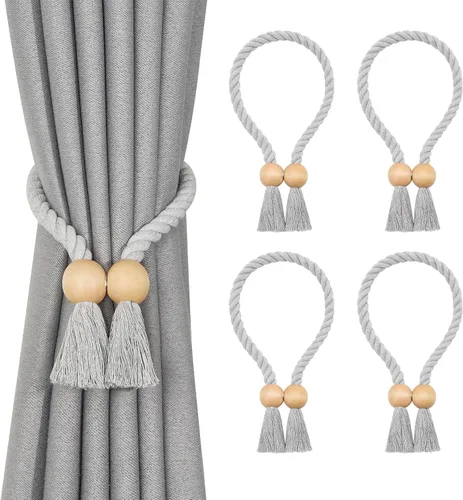 Vista 28 de NICEEC 2 Pack de Alzapaños Magnéticos de Madera en Forma de Cubo Boho para Decoración del Hogar, Alzapaños de Lino Tejidos a Mano para Cortinas Beige