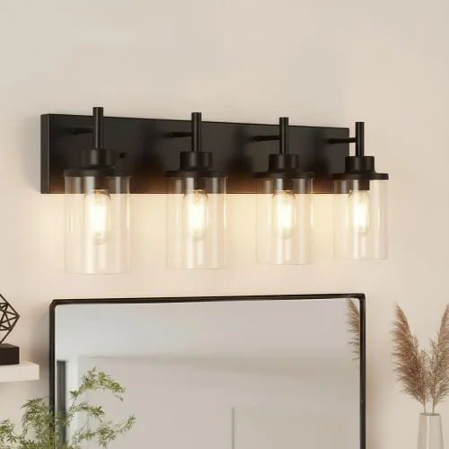 Vista 8 de Lámparas de tocador, lámparas de baño negro mate sobre el espejo, lámpara moderna de apliques de pared con pantalla de vidrio transparente (3 luces)