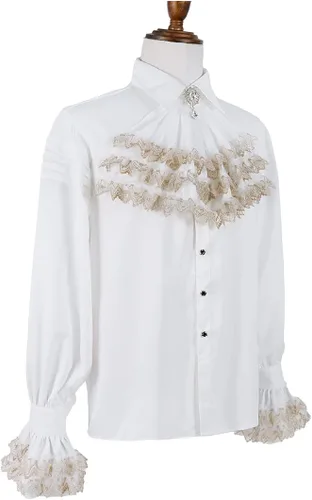 Vista 2 de Camisa pirata medieval para hombre, disfraz de Halloween, cosplay, victoriano, vampiro, renacentista, steampunk, gótico, camisa con volantes.