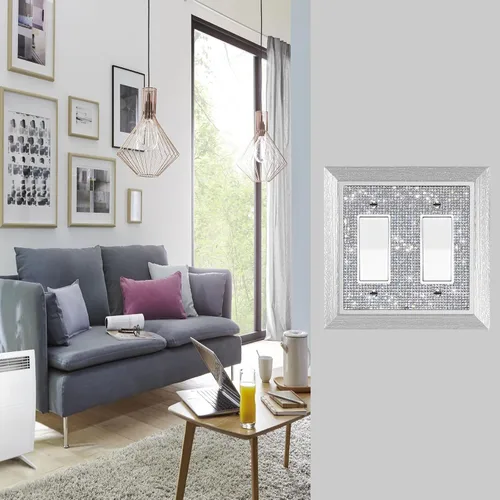 Vista 4 de Cubierta de interruptor de luz con diamantes de imitación plateados brillantes, cubiertas de enchufe de pared, placa decorativa de pared, enchufes