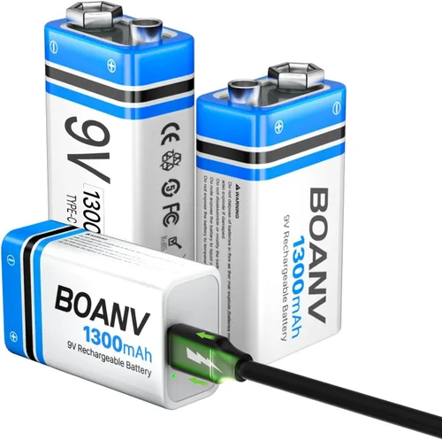 Vista 8 de 2 baterías recargables de 1300 mAh 9 V, batería recargable de litio USB de larga duración con cable de carga 2 en 1, para detectores de humo