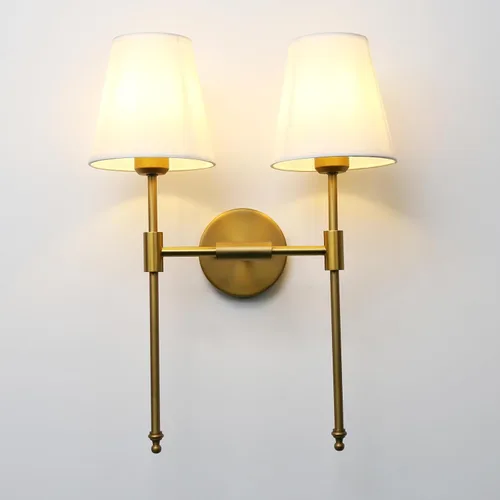 Vista 9 de PERMO Lámpara de pared doble clásica cromada 2 luces con pantalla de tela blanca acampanada para montaje en pared rústico