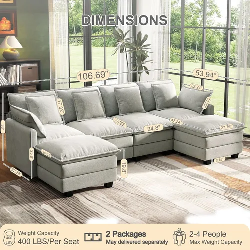 Vista 2 de Seccional Cloud Couch de 107", Sofá Seccional Modular en Forma de U, Sofá de Asiento Profundo de 4 Asientos con 6 Almohadas Extraíbles Lavables y 2