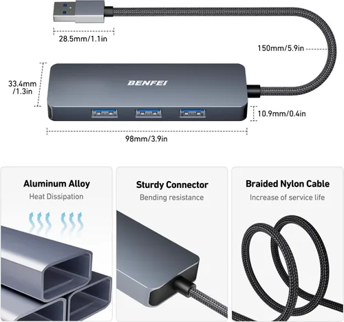 Vista 5 de BENFEI Hub USB 3.0, 4 puertos USB A Splitter Ultra-Slim Expander para mouse, teclado, unidad flash, disco U, impresora compatible con laptop, PC