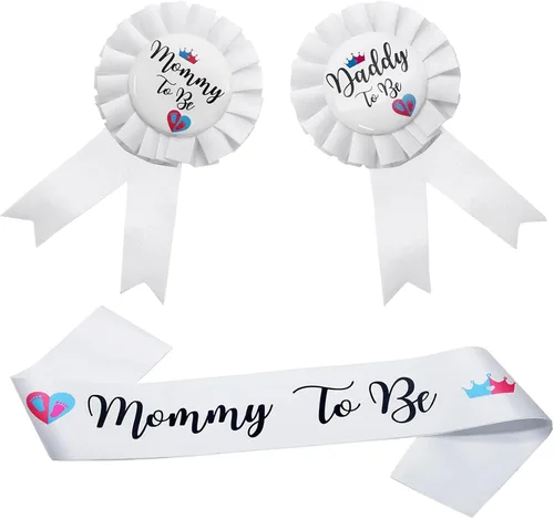 Vista 8 de 3 paquetes de decoraciones para baby shower, banda de futura mamá, insignia de papá y futura mamá, botón de pin para baby shower, celebración
