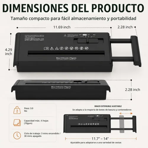 Vista 7 de Trituradora de papel compacta de corte en banda, capacidad de 6 hojas, nivel de seguridad P-1, funcionamiento continuo de 3 minutos, 4 modos