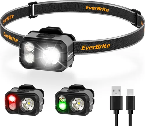 Vista 10 de EverBrite Linterna frontal recargable de 400 lúmenes, lámpara de cabeza ligera y cómoda de 1.59 onzas con clip para sombrero, IP67 impermeable, luz