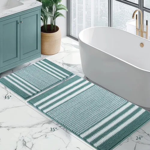 Vista 5 de Juego de 2 alfombras de baño de felpilla extrasuaves y absorbentes, esponjosas, a rayas, antideslizantes, lavables a máquina