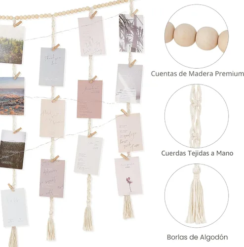Vista 5 de Mkono - Expositor de fotos colgante de macramé para decoración de pared con luces de cadena, collar de cuentas de madera estilo boho, marco