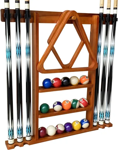 Vista 9 de Soporte de pared para tacos de billar de madera maciza para 6 tacos con almacenamiento completo de bola, 4 soportes para tacos, estantes de bolas