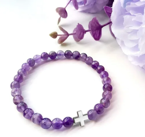 Vista 3 de Positive Lady Pulsera de amatista natural de 16.5 pulgadas con plata de ley 925 con alas de ángel cruzadas de cuatro hojas, corazón de trébol