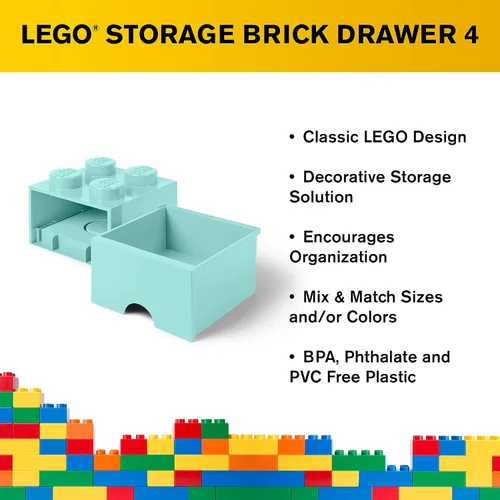Vista 4 de LEGO - Cajón de ladrillos, 4 perillas, 1 cajón, caja de almacenamiento apilable, color verde menta aguamarina