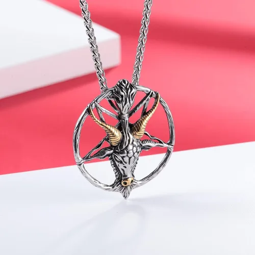 Vista 3 de Collar del templo satánico con cabeza de cabra, pentagrama invertido, pentáculo de acero inoxidable, collar de baphomet con dije, cadena de regalos