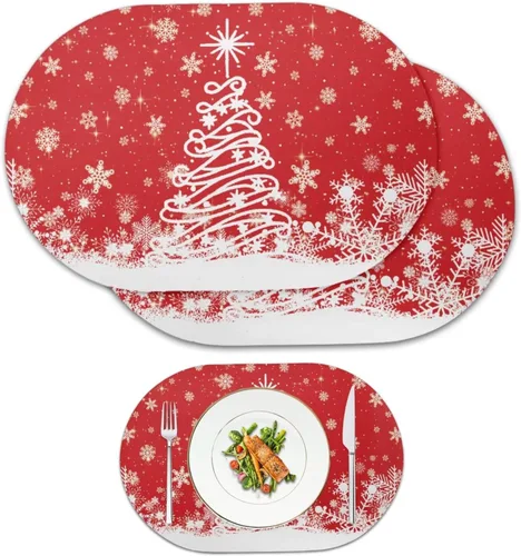 Vista 12 de Juego de 2 manteles individuales con luces de Navidad, resistentes al calor, antideslizantes, impermeables, a prueba de aceite, lavables, lavables