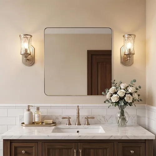 Vista 10 de ANDY STAR Espejo de pared cuadrado para baño, espejo de baño negro mate de 24 x 24 pulgadas, espejo de metal de esquina redondeada en marco de acero