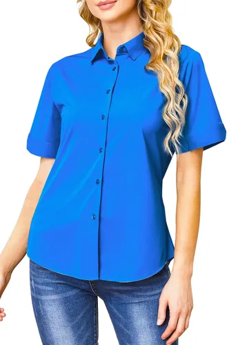 Vista 13 de Camisas con botones para mujer, sin arrugas, ajustadas, manga corta, formal, sólidas, blusas
