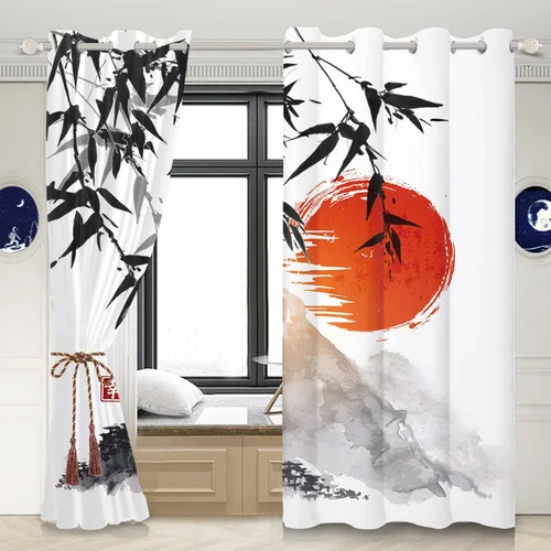 Vista 2 de Cortinas japonesas con pintura de tinta, monte Fuji, sol rojo, puesta de sol, hojas de bambú, cortinas de ventana para dormitorio, sala de estar